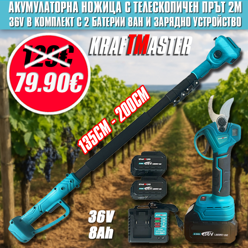 Комплект акумулаторна лозарска ножица с телескопичен прът 2 в 1 – 36V 8Ah